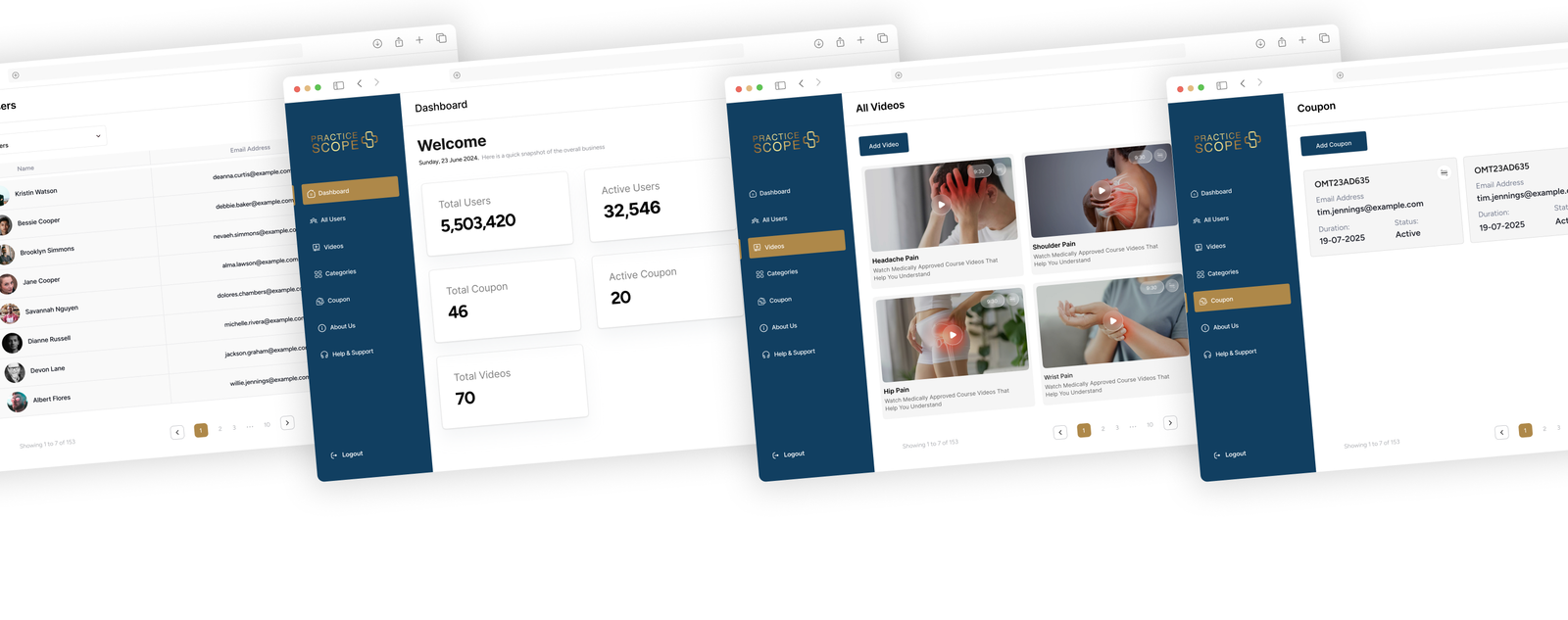 Admin portal screens